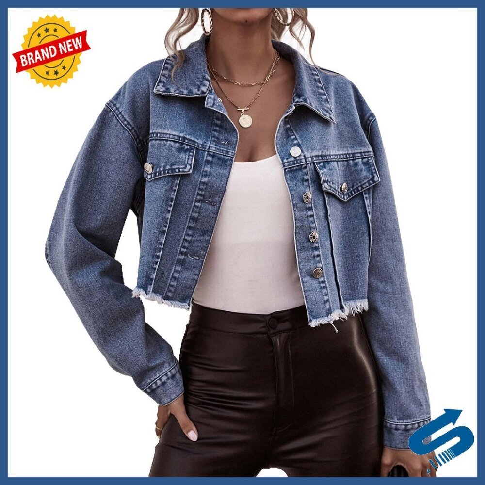 Cropped Denim Jacket Distressed Frayed Hem Long Sleeve Button Down